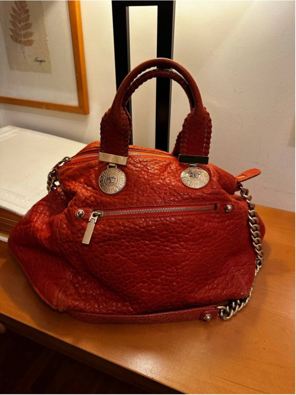 Versace Orange Leather & Gold Satchel Bag